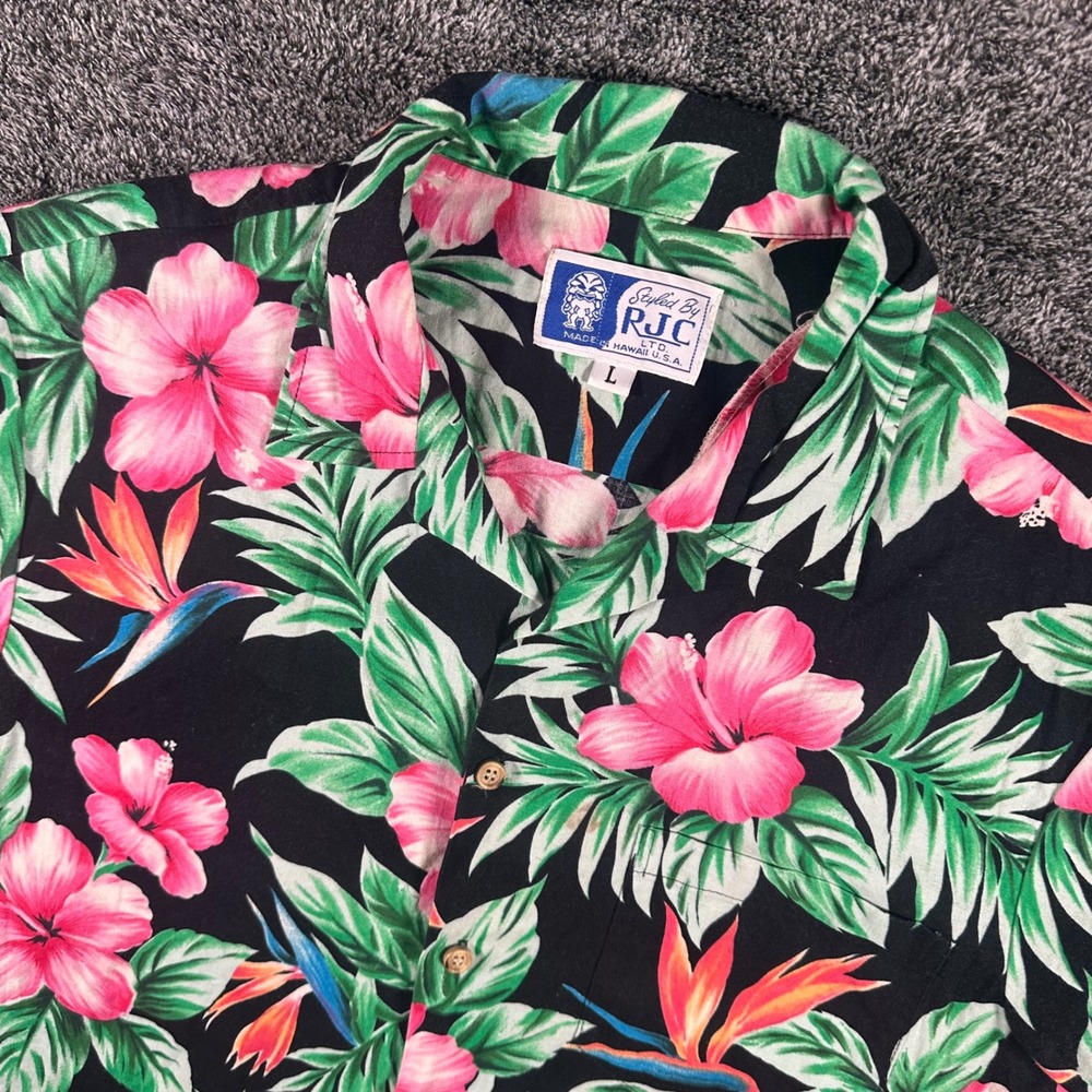 Vintage RJC Shirt Mens L Black Floral Pink Hibiscus Bird of Paradise Hawaiian
